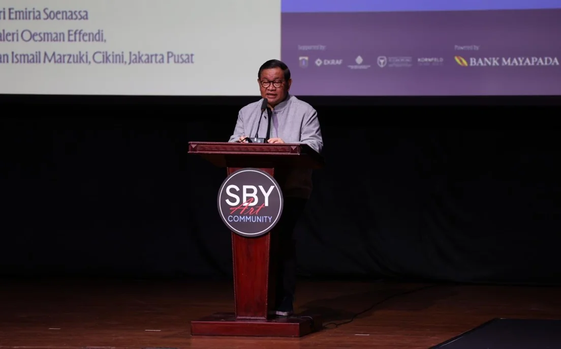 Gubernur DKI Jakarta, Pramono Anung memberikan sambutan sekaligus membuka pameran SBY Art Community. Foto: Pemprov DKI Jakarta