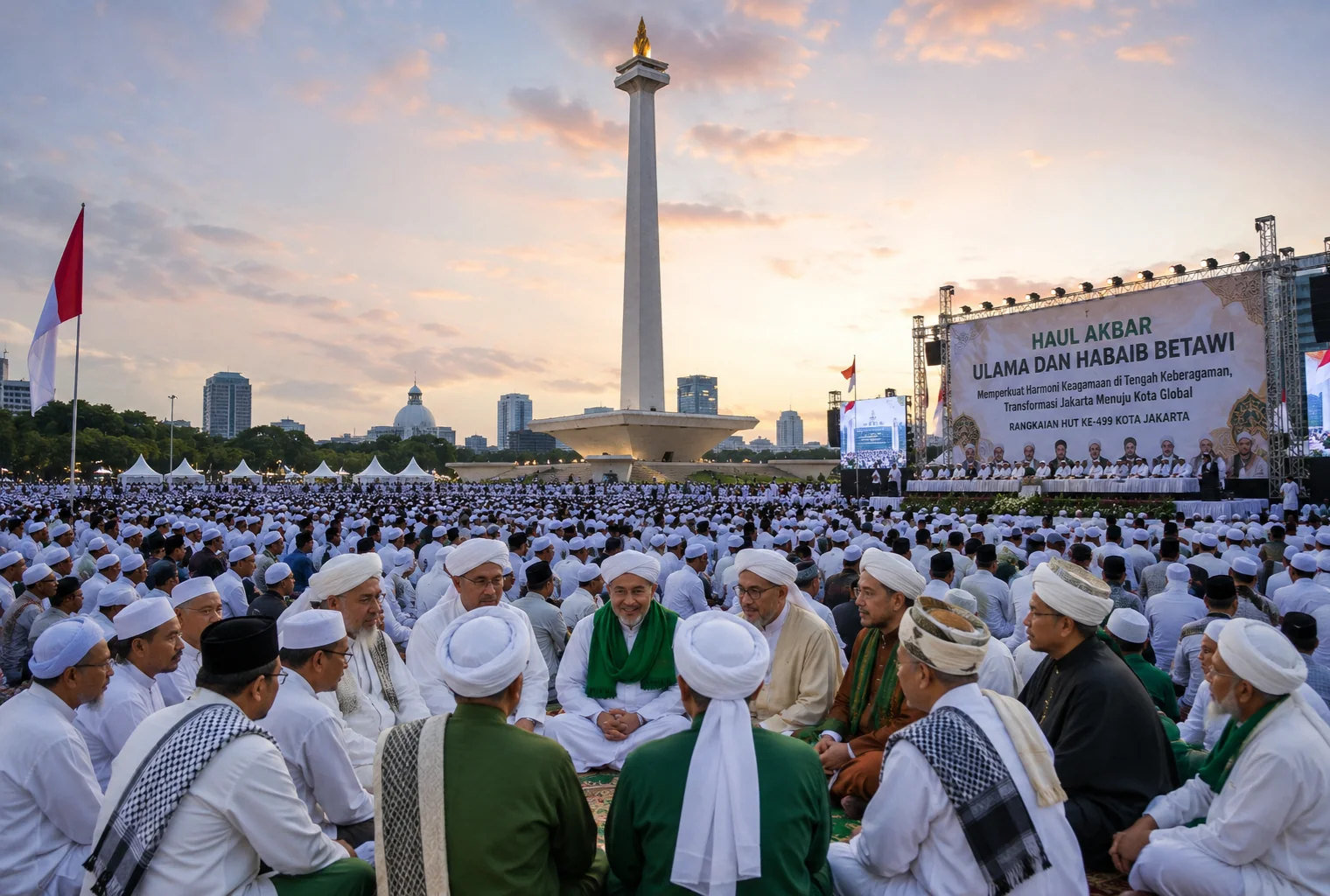 Ribuan jemaah diperkirakan menghadiri Haul Akbar Ulama dan Habaib Betawi yang digelar Pemprov DKI Jakarta di Plaza Selatan Monas sebagai rangkaian peringatan HUT ke-499 Kota Jakarta. (Foto: Chatgpt/Kabar Jakarta/Ilustrasi)