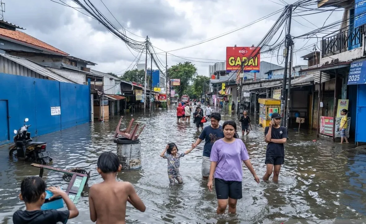 Dokumentasi - Warga melintasi banjir yang merendam perkampungan di Rawa Buaya, Cengkareng, Jakarta, Sabtu (24/1/2026). BPBD DKI Jakarta mencatat hingga pukul 12.00 WIB pada Sabtu (24/1) sebanyak 78 RT dan tujuh ruas jalan di wilayah DKI Jakarta masih terd