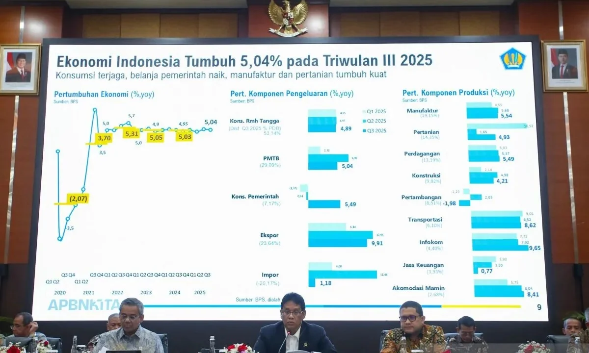 Dokumentasi - Menteri Keuangan Purbaya Yudhi Sadewa (tengah) didampingi Wakil Menteri Keuangan Suahasil Nazara (kiri) dan Direktur Jendral Strategi Ekonomi dan Fiskal Kementerian Keuangan Febrio Kacaribu (kanan) memberikan keterangan kepada media dalam ko