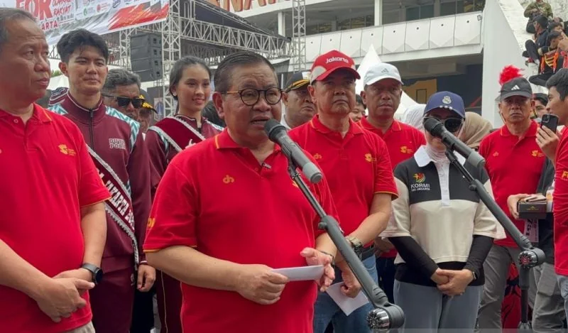 Gubernur DKI Jakarta Pramono Anung saat jumpa pers di Jakarta International Velodrome, Jakarta Timur, Minggu (4/10/2026). Foto: ANTARA
