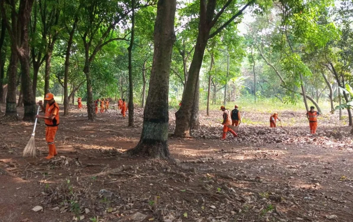 Sebanyak 100 petugas Penanganan Prasarana dan Sarana Umum (PPSU) dikerahkan untuk melakukan pembersihan dan penataan area Monumen Pancasila Sakti, Kelurahan Lubang Buaya, Kecamatan Cipayung, Jakarta Timur. Foto: Pemkot Jaktim