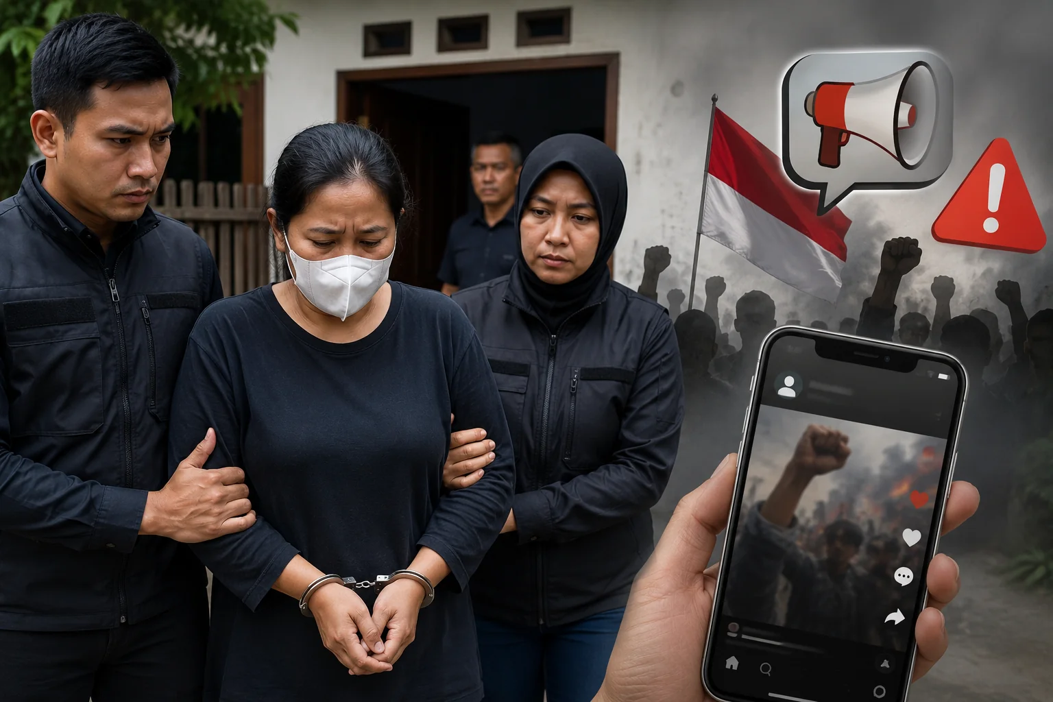 Ilustrasi AI - Polda Metro Jaya menangkap perempuan di Kabupaten Ciamis, Jawa Barat, karena diduga menyebarkan informasi bohong terkait ajakan demonstrasi menjelang peringatan HUT Ke-81 Kemerdekaan RI. Foto: KabarJakarta.com