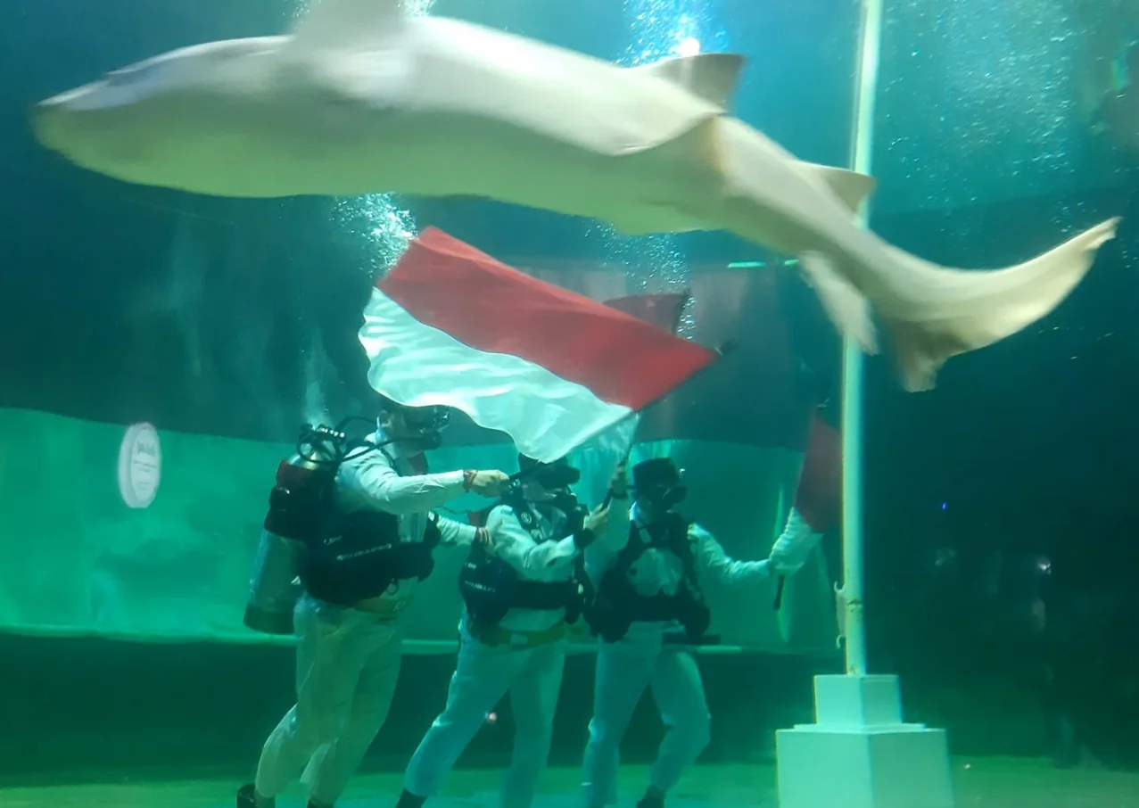 Persiapan pengibaran bendera Merah Putih dilakukan di dalam Shark Akuarium Sea World Ancol pada tanggal 16 Agustus 2025. Foto: Ancol