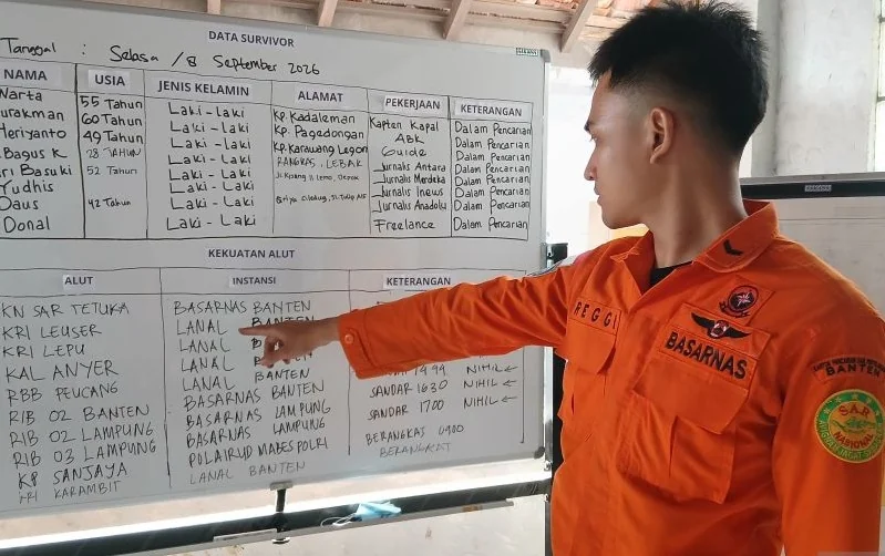 Petugas dari Basarnas menunjukan data laporan tim SAR yang melakukan pencarian di area perairan Selat Sunda, Gunung Anak Krakatau, Kabupate Pandeglang, Banten pada Rabu (9/9/2026). Foto: ANTARA